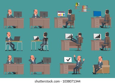 Set. Businessman working at the computer. Vector illustration.