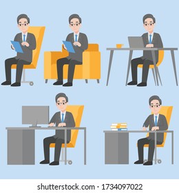 Set of businessman working with laptop happy and smile in office, sitting on table,Character design in various action with emotions Cartoon flat  Health care concept.