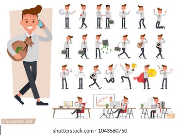 set of Businessman working and showing different gestures character vector design.