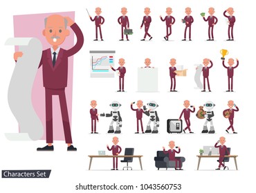 set of Businessman working and showing different gestures character vector design.