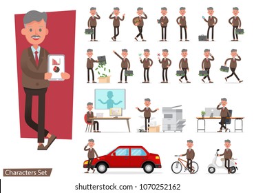 set of Businessman working and showing different gestures character vector design.