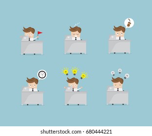 set of businessman working at work desk cartoon vector illustration