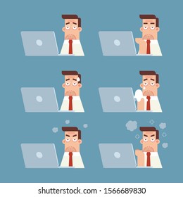 Set of businessman with wrinkle working on laptop computer expressing different emotions in flat cartoon style
