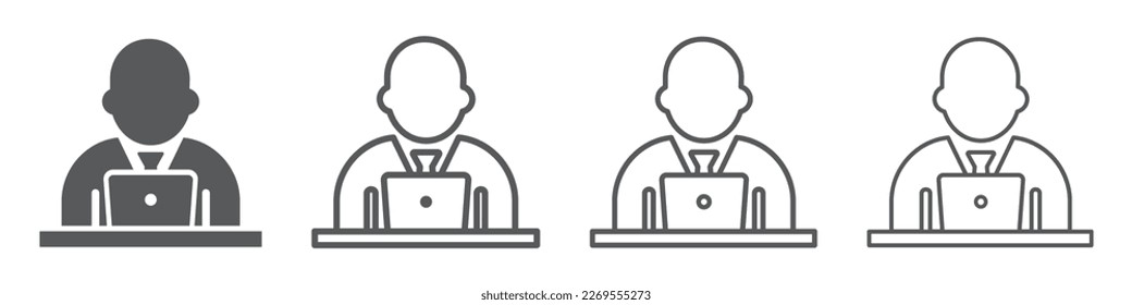 Set of businessmans with laptop or computer, icon. Person working on a computer or laptop. Vector illustration.