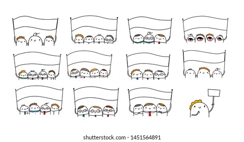 Set of businessmen with banners. Cute cartoon people holding sighns. Empty white