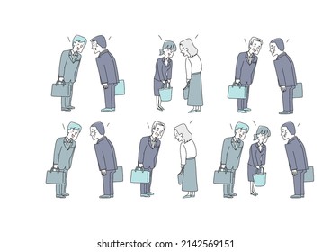 A set of businessmen bowing to each other Comical handwritten person Vector, line drawing and color