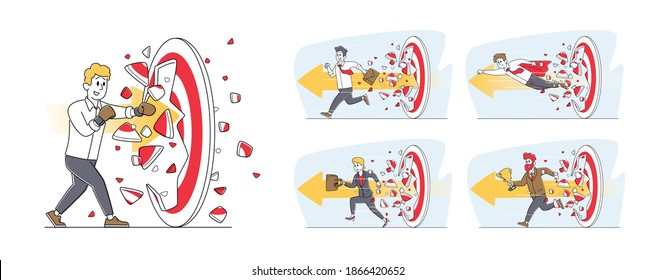 Set of Businessmen Breaking Huge Target. Working Success, Victory. Business Men Character Hit Barrier for Career Boost, Goal Achievement, Challenge and Working Mission. Linear Vector Illustration