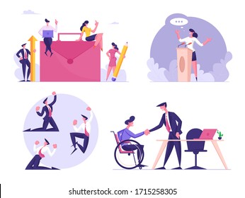 Set of Businessmen and Businesswomen Characters at Huge Briefcase, Woman Speaking on Tribune, Man Yelling Yeah, Gesturing. Disabled Employment, Victory Celebration. Cartoon People Vector Illustration