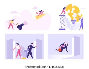 Set of Businessmen and Businesswomen Characters Set Up Puzzle Light Bulb, Enter Open Door, Shooting with Cannon. Clerks Office Lifestyle, New Opportunities, Path. Cartoon People Vector Illustration