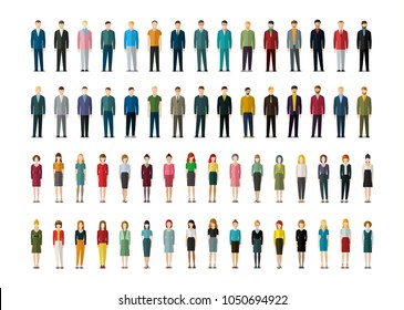 Set of businessmen and businesswomen in flat style. People in various office clothes stand in the front. Flat design, vector illustration.