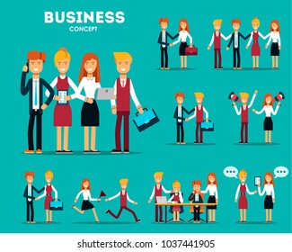 Set of businessmen cartoon character design with different poses, isolated against white background. Vector illustration.