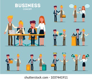 Set of businessmen cartoon character design with different poses, isolated against white background. Vector illustration.