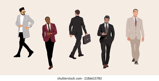 Set of Businessmen characters in different poses. Handsome men wearing formal suits standing and walking, using phone , front, back and side view. Vector realistic illustration isolated on white