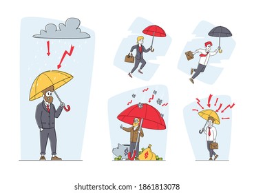 Set of Businessmen Characters Stand under Umbrella. Financial Protection, Insurance, Shield from Problem and Crisis. Business Man Collecting and Protecting Capital. Linear People Vector Illustration