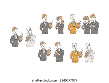A set of businessmen with disparities in salary Comical handwritten person Vector, line drawing and color