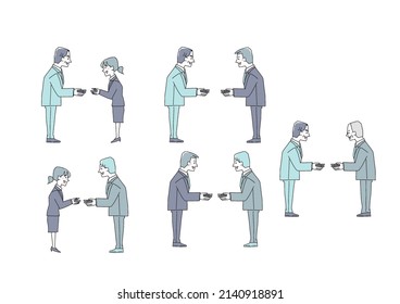 A set of businessmen exchanging business cards Comical handwritten figures Vectors, line drawings in color
