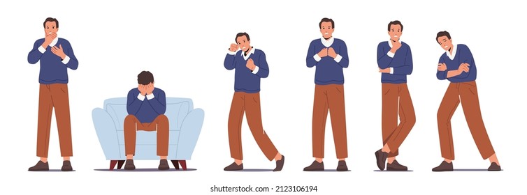 Set of Businessmen Feel Negative Emotions, Pain, Crisis Problems. Depressed and Anxious Man Suffer of Depression and Anxiety, Feel Frustrated. Sad or Desperate. Cartoon People Vector Illustration