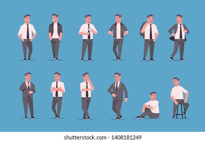 set businessmen in formal wear standing different poses smiling male cartoon characters business men office workers posing collection flat full length horizontal