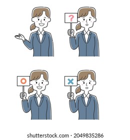  A set of businessmen holding tags with circles, crosses, and question