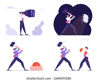 Set of Businessmen Looking through Huge Binoculars, Hitting Wall and Red Button with Hammer, Fighting with Boxing Gloves. New Opportunity, Creativity Rivalry Concept. Cartoon Flat Vector Illustration
