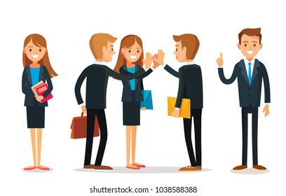 Set of businessmen office brotherhood  cohesion unity.  Office workers giving high five clapping each other hands. Office joint work fraternity. Businessman got idea. 