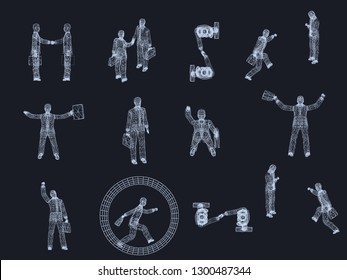 Set with businessmen on a dark background. Wireframe people in different situations. Isometric. Polygonal businessmen meet, work, conclude an agreement, rejoice, run. Vector illustration.