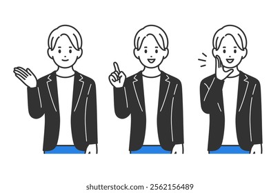 Set of businessmen posing for guidance and calling out【vector／illustration／person】