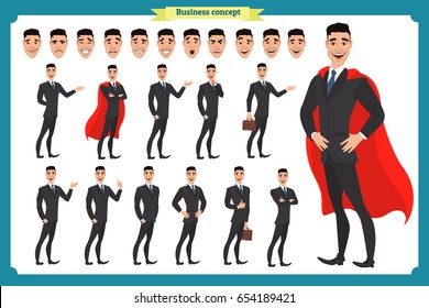 Set of businessmen presenting in various action.Happy man in business suit.People character.Standing business man for design, animation work.Isolated vector on white.Flat, style.Boss.Manager man