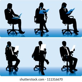 Set of businessmen silhouettes in office chairs.