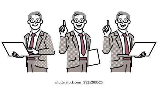 Grupo de hombres de negocios con laptops en tres poses diferentes.