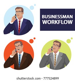 Set of businessmen talking on phone with different emotions, serious, angry, cheerful. Icons portraits of men in round frames. Simplistic realistic comic art style. Vector illustration