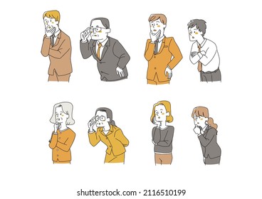 A set of businessmen of various ages who are paying attention to the side, comical handwritten person illustrations
