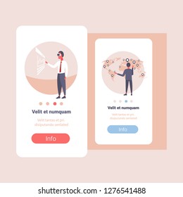 set businessmen vr glasses presentation using futuristic digital interface financial analysis graph choosing destination world map location concepts collection flat