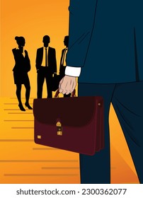 Set of businessmen. Walking to the office, vector illustration, employees in business suit working, first day of work
