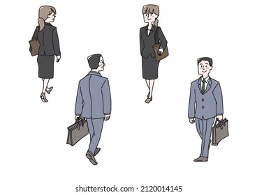 A set of businessmen in walking suits, a warm handwritten illustration of a person, a vector on a white background