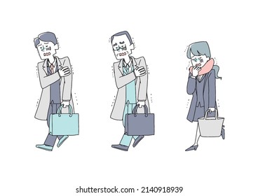 A set of businessmen wearing a coat that walks in the cold, a comical handwritten person, a vector, a line drawing and a color