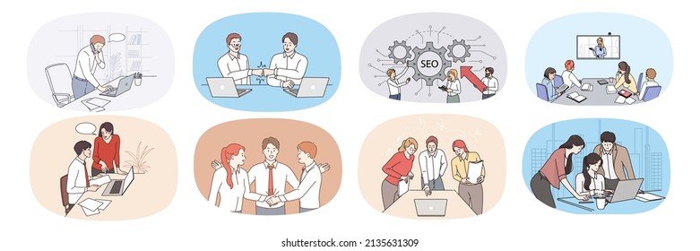 Set Of Businesspeople Brainstorm Collaborate Together In Office. Collection Of Diverse Employees Cooperate Work On Laptop Together At Workplace. Teamwork Concept. Vector Illustration. 