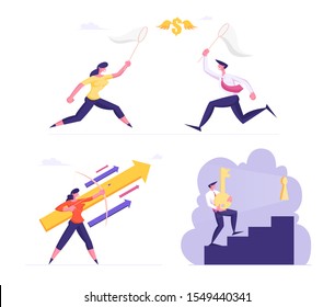Set of Businesspeople Catching Money with Net. Businesswoman Shoot with Bow Rising Arrow, Man with Huge Key Climbing Upstairs to Keyhole. Career Success Development. Cartoon Flat Vector Illustration