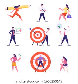Set of Businesspeople Characters Carry Huge Pencil, Holding Banners. Insurance Policy Service. Aim with Arrow in Center. Woman Thinking Isolated on White Background. Cartoon Flat Vector Illustration