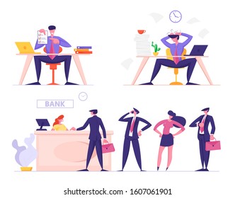 Set of Businesspeople in Different Life Situations Stand in Bank Queue for Getting Banking Service, Signing Contract or Insurance, Deadline and Busy at Work Isolated. Cartoon Flat Vector Illustration