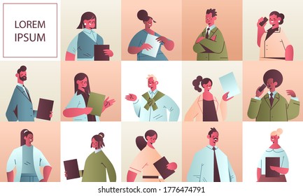 set businesspeople in different poses business people office workers in casual clothes male female cartoon characters collection portrait horizontal copy space vector illustration