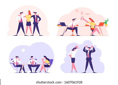 Set of Businesspeople Dream Team Isolated on White Background. Office Workers Characters Hugging, Giving High Five, Having Coffee Break. Teamwork Cooperation, Success. Cartoon Flat Vector Illustration