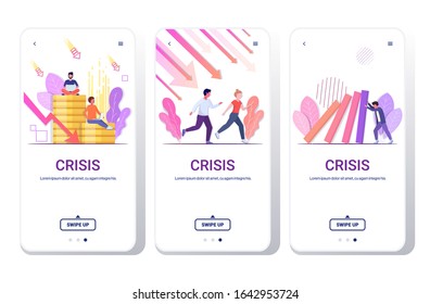 set businesspeople frustrated about economic arrow falling down financial crisis bankruptcy investment risk concept smartphone screens collection full length copy space horizontal vector illustration