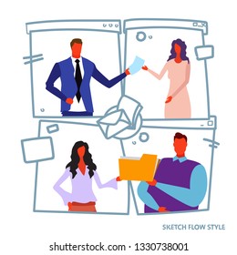 set businesspeople holding documents folder during meeting in office partnership communication paperwork concept male female characters portrait sketch flow style isolated