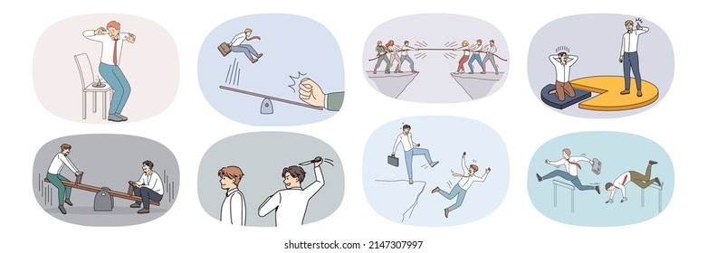 Set of businesspeople involved in work competition with colleagues at workplace. Collection of employees or workers compete with job rivals. Competitors and rivalry. Vector illustration. 