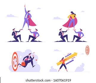 Set Of Businesspeople Leadership And Goals Achievement. Business Man And Woman In Super Hero Cloak Stand On Human Pyramid, Break Target, Shooting To Aim Isolated. Cartoon Flat Vector Illustration