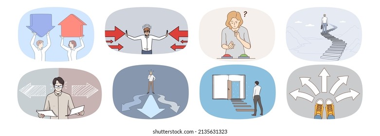 Set Of Businesspeople Make Decision Unsure About Career Path. Collection Of Diverse People Feel Frustrated Confused Having Dilemma Decide Or Plan. Challenge And Doubt. Vector Illustration. 