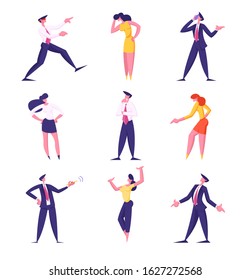 Set of Businesspeople Male and Female Characters Isolated on White Background. Men and Women Wearing Formal Dressing Stand in Different Postures, Communicate Gesturing. Flat Vector Illustration