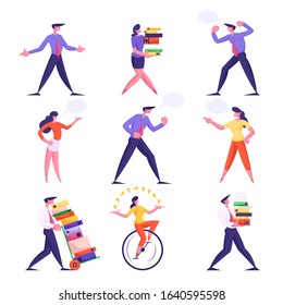 Set of Businesspeople Men and Women Carry Huge Piles of Document Folders, Deadline. Speaking and Yelling on Each Other with Speech Bubbles, Riding Monowheel Bike. Cartoon Flat Vector Illustration