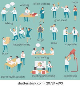 Set of businesspeople or office workers, man and woman, in various characters and activities, simple design and easy to use.